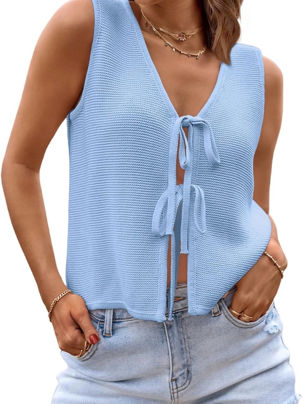 Women's Sky Blue Tie-Front Knit Tank - Sleeveless V-Neck